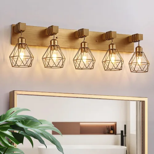Miniatura 8 de Lámparas blancas para tocador de baño, luminarias de baño de madera de 2 luces sobre el espejo, apliques rústicos de pared con elegante pantalla