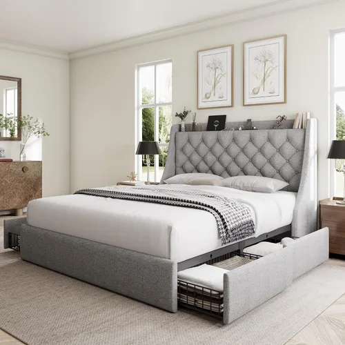 Miniatura 11 de GalnFu Marco de cama de tamaño completo con 4 cajones de almacenamiento, cabecera tapizada grande tipo wingback, estación de carga rápida,