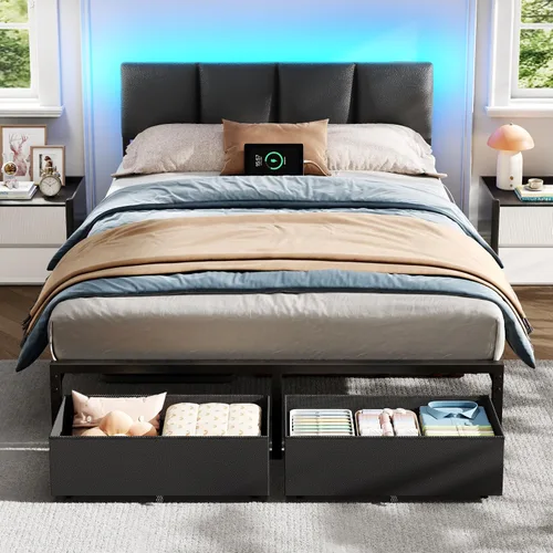 Furnulem Base de cama de tamaño matrimonial con estación de carga y luces LED, cabecera tapizada de piel sintética, cama de plataforma de metal con