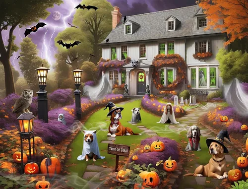 Miniatura 2 de Rompecabezas espeluznante de 1000 piezas de perros en una casa encantada de Halloween