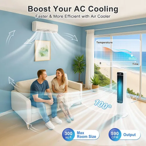 Miniatura 8 de Enfriador de aire evaporativo portátil, ventilador de torre de enfriamiento de pantano 2 en 1 con control remoto, 4 paquetes de hielo, oscilación