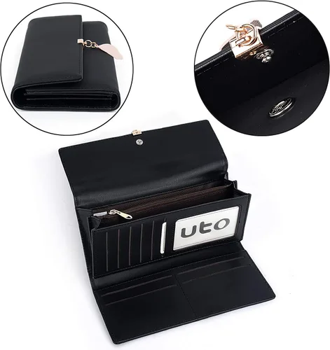 Miniatura 76 de UTO - Cartera pequeña RFID de piel sintética con dije de hoja, cierre de cremallera y tarjetero.