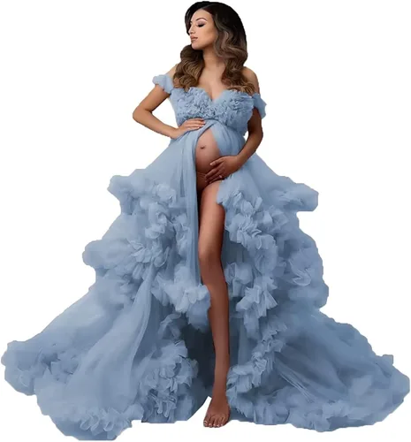 Vestidos de maternidad de tul para sesión de fotos, bata de novia larga transparente con hombros descubiertos, vestidos de embarazo para mujeres,