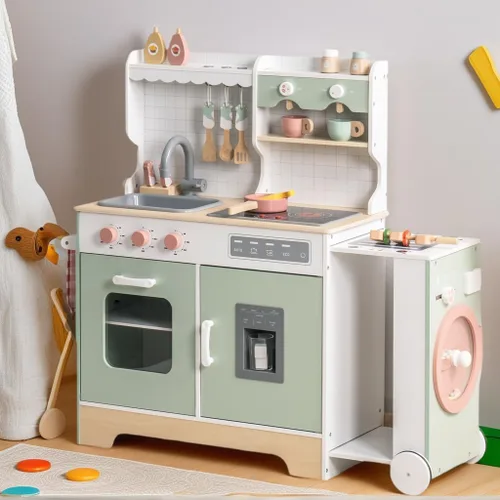 ROBOTIME Cocina de madera para niños, juego de cocina de simulación con máquina de hielo, barbacoa, luces y sonidos, cocina de juguete para niños a