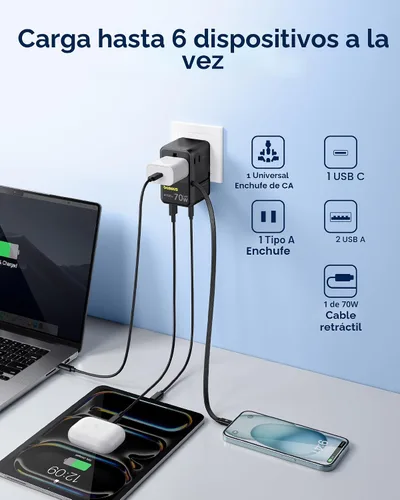 Miniatura 4 de Baseus Adaptador de viaje universal de 70 W, adaptador de enchufe internacional 6 en 1 con cable retráctil, cargador de pared USB-C PD de carga Negro