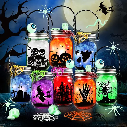 Miniatura 9 de Kit de manualidades de Halloween para niños, 4 tarros de vidrio con accesorios para tarro de farol de bricolaje, suministros de fiesta de arte