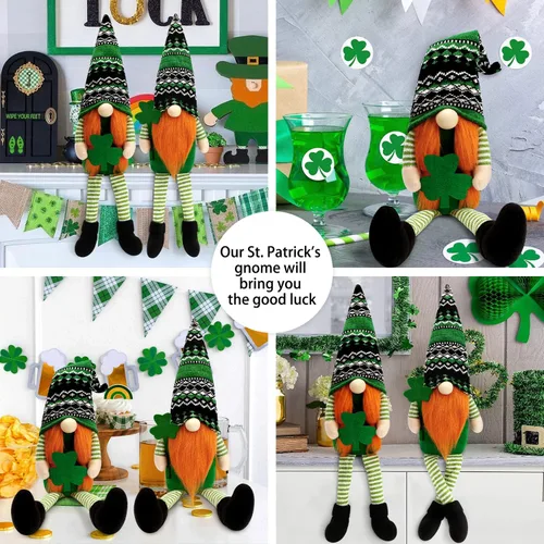 Miniatura 5 de BINSUNS Gnomos de peluche del día de San Patricio, 2 piezas de gnomos verdes irlandeses Tomte, muñeco de gnomos para decoración del día de San