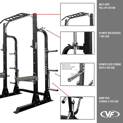 Miniatura 4 de Valor Fitness Máquina de sentadillas de media rejilla - Estación de dominadas de agarre múltiple de 5 posiciones - Altura ajustable, almacenamiento