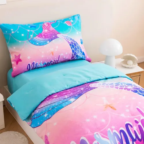 Miniatura 9 de ZRNBAST Juego de ropa de cama para niñas pequeñas de 4 piezas con cola de sirena, color rosa, turquesa, degradado, arco iris, colorido, ropa de cama