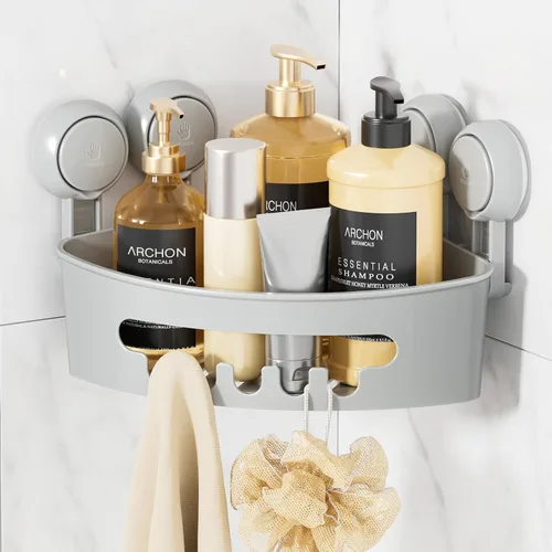 Miniatura 14 de LEVERLOC Organizador esquinero para ducha con ventosa, cesta de ducha potente con ventosa, organizador impermeable y resistente al óxido
