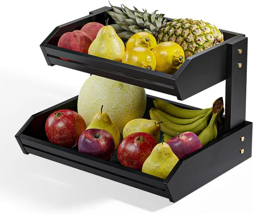 Miniatura 10 de HOLANA Cesta de frutas de 2 niveles de acacia para organizador de encimera de cocina – Tazón de frutas de madera y cesta de madera