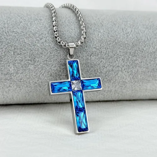 Miniatura 13 de Collar de cruz para hombre, piedras preciosas de color piedra natal de circonita cúbica, collar de acero inoxidable para hombre, cadena de 24