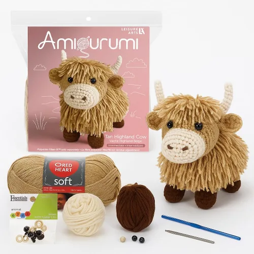 LEISURE ARTS Kit de ganchillo Amigurumi Highland Cow, Bronceado, Principiante para Adultos, Kit de Animales, Crotchet