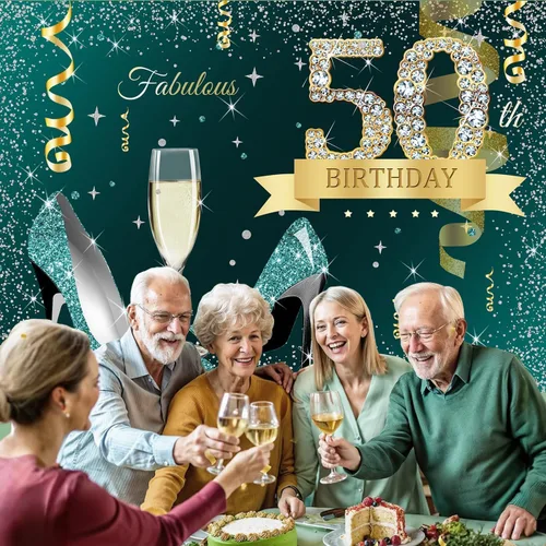 Miniatura 3 de InMemory Telón de fondo de 50 cumpleaños verde turquesa con purpurina y puntos dorados de tacón alto, vidrio champán, fondo de fotografía
