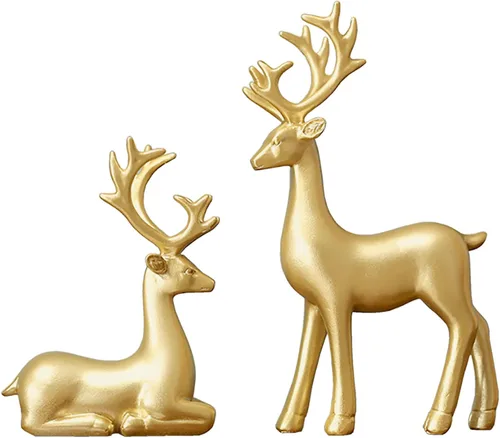 FANTESTICRYAN Escultura de reno pequeño de resina, alce de reno de Navidad, 2 piezas, estatuas navideñas para decoración del hogar, sala de estar,