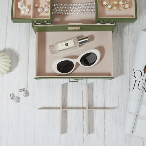 Miniatura 5 de Joyero de 3 capas grande de cuero organizador de joyas para mujeres y niñas, elegante y bien organizado para aretes, anillos, collares, pulseras