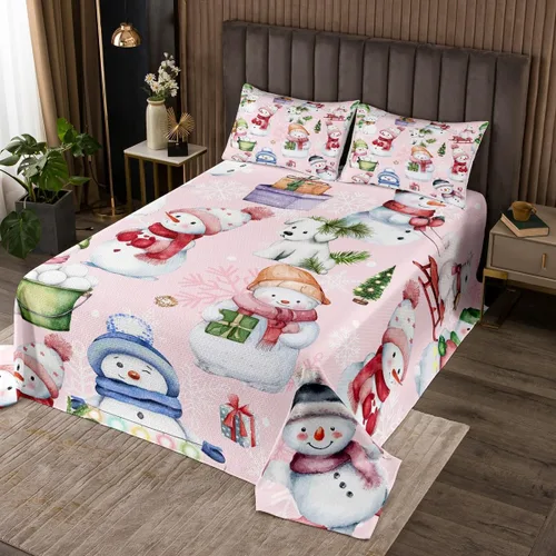 Miniatura 7 de Manfei Colcha de muñeco de nieve de Navidad, tamaño King, colcha acolchada con 2 fundas de almohada, juego de colcha rosa de Navidad de 3 piezas