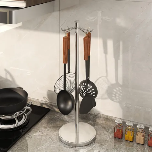 Miniatura 6 de Soporte para utensilios de cocina de acero inoxidable giratorio con 8 ganchos giratorios, organizador colgante para cuchara, espátula, cucharón