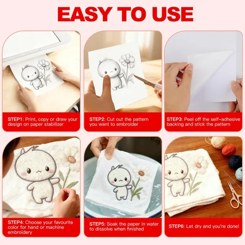 Miniatura 3 de Phinus Estabilizador soluble en agua para bordado 8P, 8.27 x 11.7 pulgadas, estabilizador de bordado de tamaño A4, papel de bordado soluble en agua