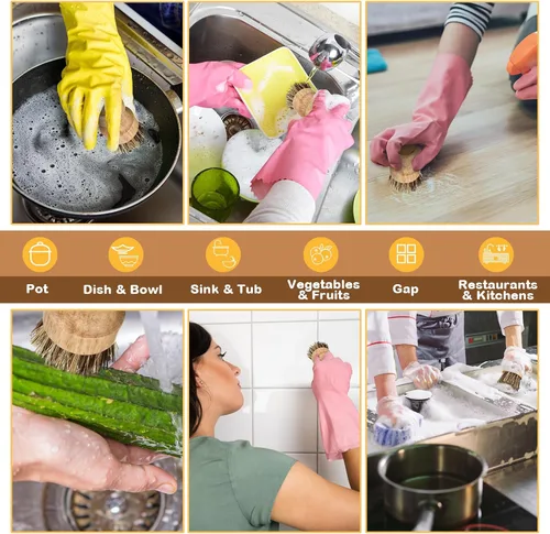 Miniatura 2 de Nuenen Juego de 6 cepillos de bambú para fregar platos de madera, juego de fregadores de cocina con cerdas de sisal naturales para fregadero