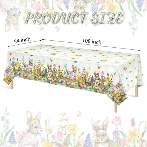 Miniatura 2 de Riakrum Mantel de Pascua rectangular de plástico con huevos de conejo, mantel floral para decoración y suministros de fiesta de Pascua, primavera