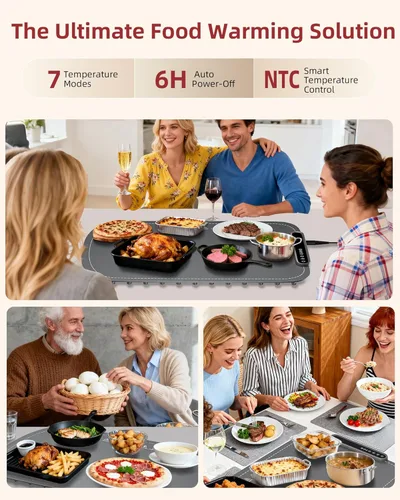 Miniatura 8 de Tapete de calentamiento para alimentos, bandeja de calentamiento eléctrico de calentamiento rápido mejorada con 7 niveles de temperatura y 8 Gris