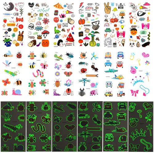 Xmasir 210 Piezas Tatuajes Temporales para Niños, Estilos Mixtos Tatuajes que Brillan en la Oscuridad Pegatinas para Niños y Niñas Flor Mariposa