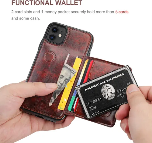 Miniatura 4 de KIHUWEY Funda compatible con iPhone 11 con tarjetero y soporte para tarjetas de crédito, de cuero de primera calidad, duradera, a prueba de golpes