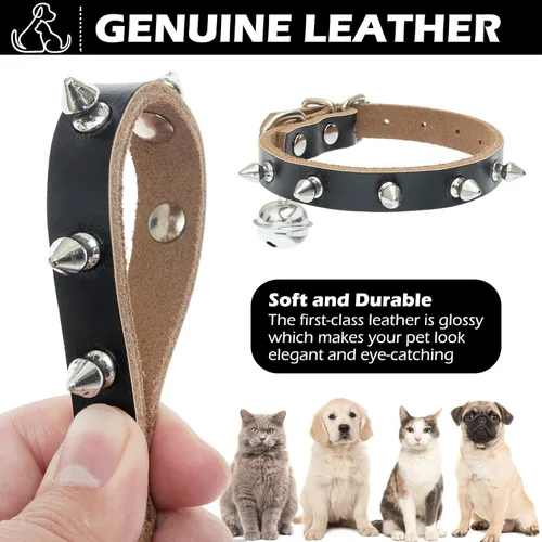 Miniatura 3 de BINGPET Collar de piel con clavos para gatos con campanas, collar de perro tachonado con hebilla, collares góticos suaves para gatitos con púas
