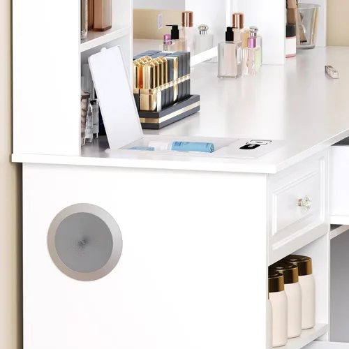 Miniatura 4 de Escritorio de tocador con espejo y luces, escritorio de maquillaje con caja de máscara facial, tocador con altavoz Bluetooth, juego de tocador