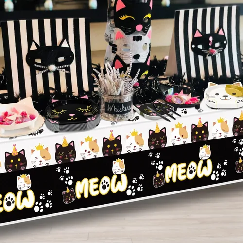 Miniatura 7 de 167 piezas de decoración de fiesta de cumpleaños de gatos, incluyendo platos de gato, servilletas, vasos, mantel, pancarta MEOW y pajitas de papel