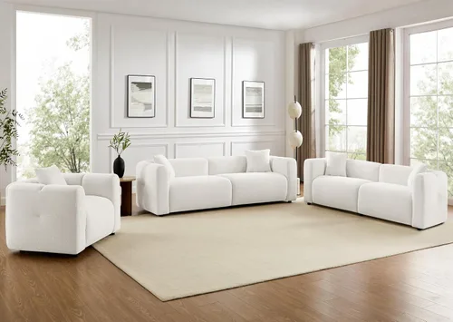 Juegos de muebles de sala de estar VANOMi incluyen sofá de 95" y sillones de 42", sofá tapizado de bouclé extragrande con almohadas, juego de Blanco