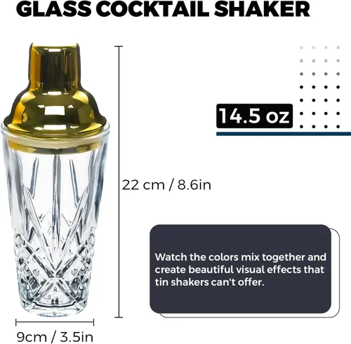 Miniatura 2 de Coctelera de cristal, 14.5 onzas, coctelera para bares, whisky, cócteles, color dorado Oro