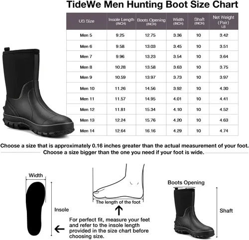 Miniatura 6 de TIDEWE Botas de goma para hombre, botas de lluvia aisladas de neopreno de 0.217in con vástago de acero, botas de caza impermeables de media