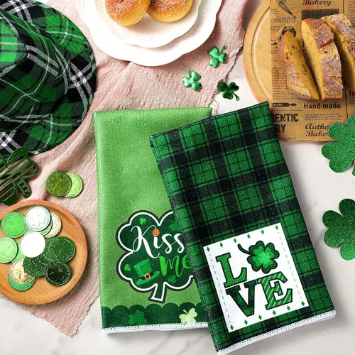 Miniatura 7 de Honoson 4 paños de cocina para el día de San Patricio, decoración de granja, tréboles de la suerte, gnomos, paños de cocina a cuadros, absorbentes