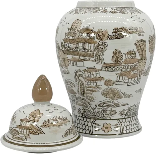 Miniatura 3 de Galt International Jarrón de Templo de Cerámica Chinoiserie Floral Marrón y Blanco de 18" con Tapa - Jarrón de Jengibre Decoración para Hogar