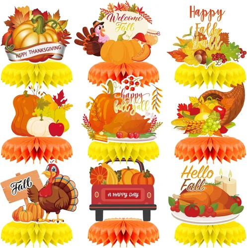 9 piezas de decoración de mesa de otoño para decoración de fiesta de otoño, centro de mesa de Acción de Gracias, centro de mesa de pavo, calabaza