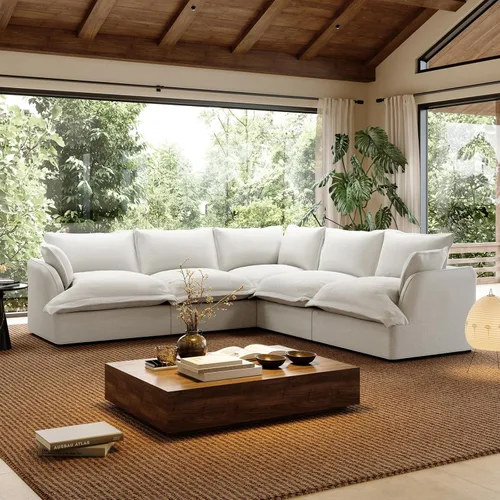 Miniatura 25 de Sofá modular de mezcla de lino para sala de estar, cómodo sofá modular con relleno de plumón, moderno sofá cama convertible con asiento profundo