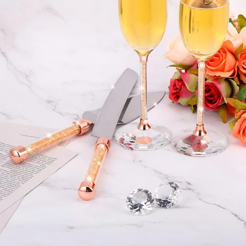 Miniatura 6 de Boao Juego de 4 cuchillos para tartas de boda y copas de champán para servir de señor y señora para tostar, juego de corte de pastel de cristal