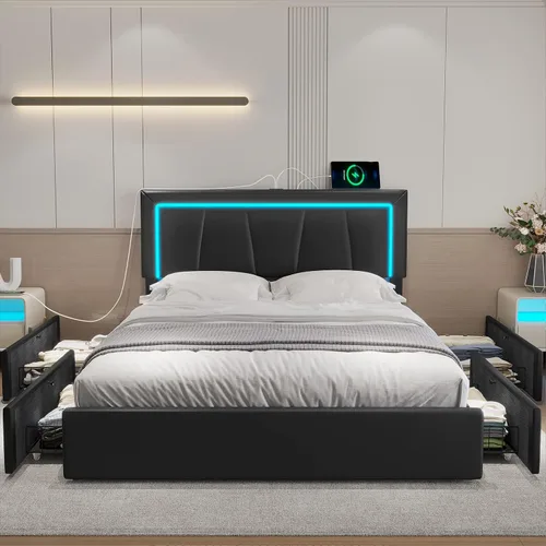 Miniatura 7 de Hasuit Marco de cama Full con 4 cajones de almacenamiento debajo, cama de plataforma tapizada tamaño Full con cabecera de cuero artificial, cama