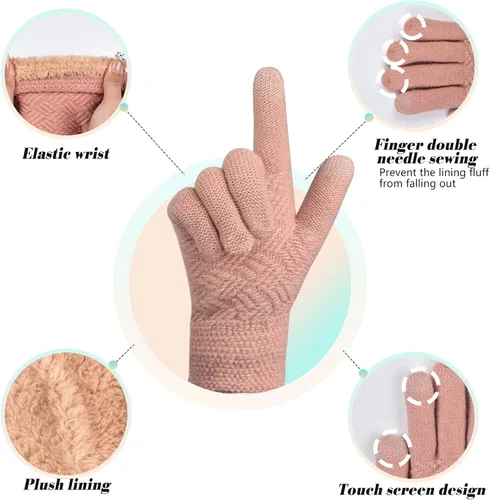 Miniatura 5 de Juego de 3 gorros de punto de invierno para mujer bufanda y guantes para pantalla táctil con pompón