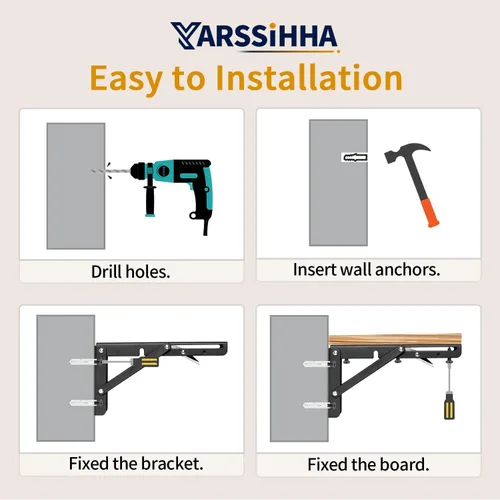 Miniatura 6 de Yarssihha Soporte plegable de estante de 8 pulgadas, paquete de 2 soportes plegables resistentes montados en la pared, soportes plegables de metal
