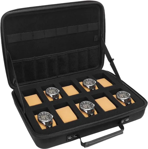 MOSISO Caja de reloj, 10 ranuras para relojes, organizador de exhibición de relojes para hombres, organizador de caja de reloj portátil con asa para