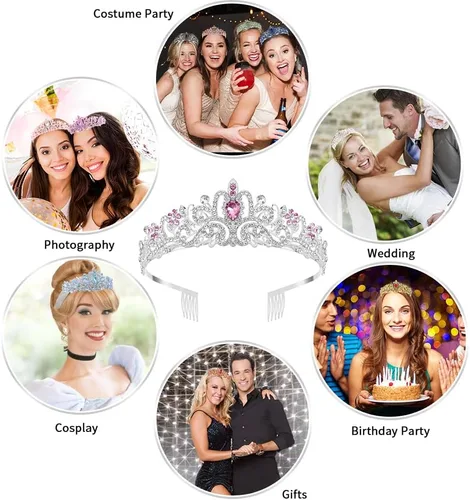 Miniatura 4 de Tiaras plateadas de cristal para mujer, diadema de diamantes de imitación para niña, corona de princesa con peines, elegantes decoraciones