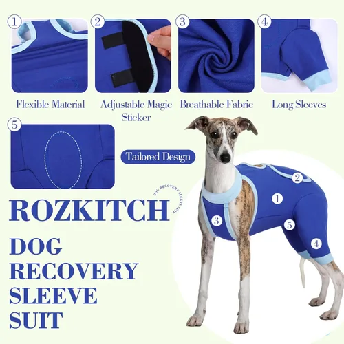 Miniatura 2 de ROZKITCH Manga de pierna para cirugía para perros, piernas traseras, macho y hembra para evitar lamer heridas, codo, rodillera, traje de Azul