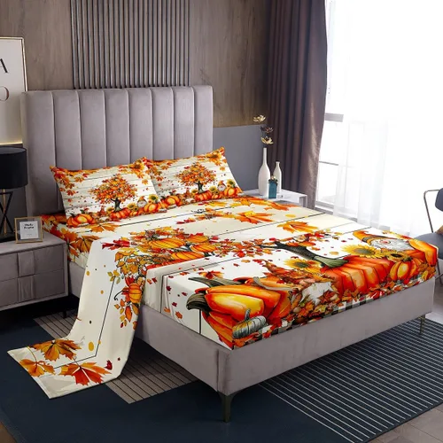 Manfei Juego de sábanas de gnomos de otoño, tamaño individual, juego de ropa de cama de calabaza y girasol y hojas de arce para niños y niñas, juego