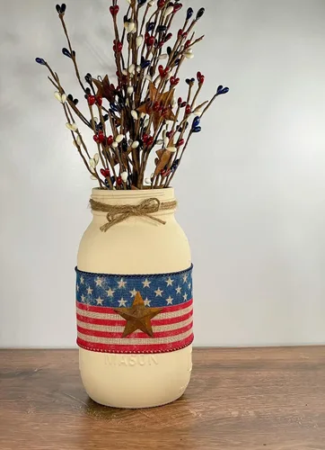 American Flag Mason Jar/ 4th of July Decor / 4th of July Mason Jar/Painted Mason Jars (With Pip Berries)