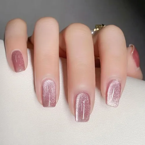 Miniatura 6 de BFY Uñas postizas a presión de ojo de gato, uñas postizas cuadradas medianas, uñas acrílicas de gel rosa claro, kit de uñas postizas holográficas