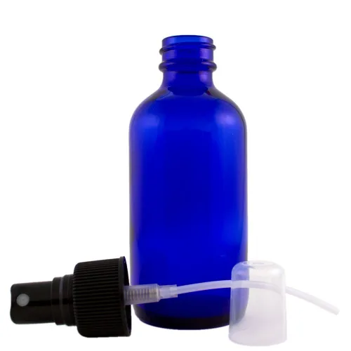 Miniatura 3 de Botella de vidrio azul cobalto, 4 onzas, con rociador de niebla fina color negro (6 unidades)