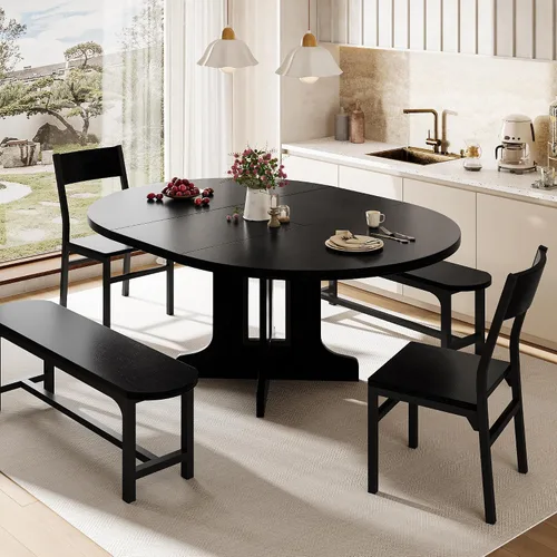 Miniatura 9 de iPormis Juego de mesa de comedor redonda de 5 piezas para 4-6, juego de mesa de comedor extensible de 59 pulgadas con 2 sillas ergonómicas y 2 Blanco